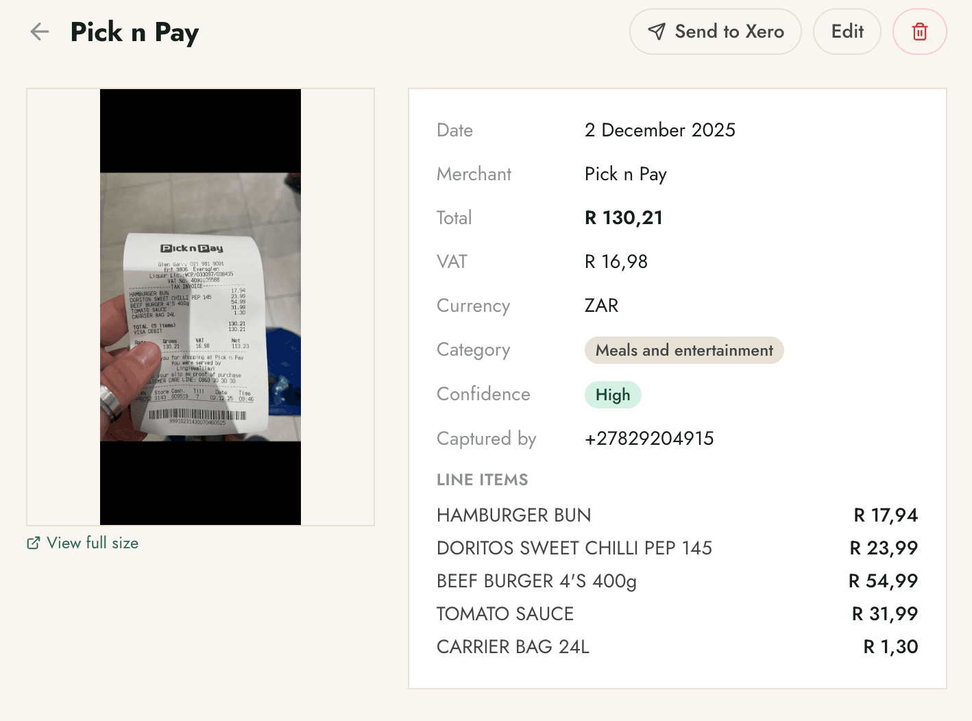 Snap-a-Slip dashboard showing a Pick n Pay receipt with extracted merchant, date, total R130.21, VAT R16.98, category and per-line items.