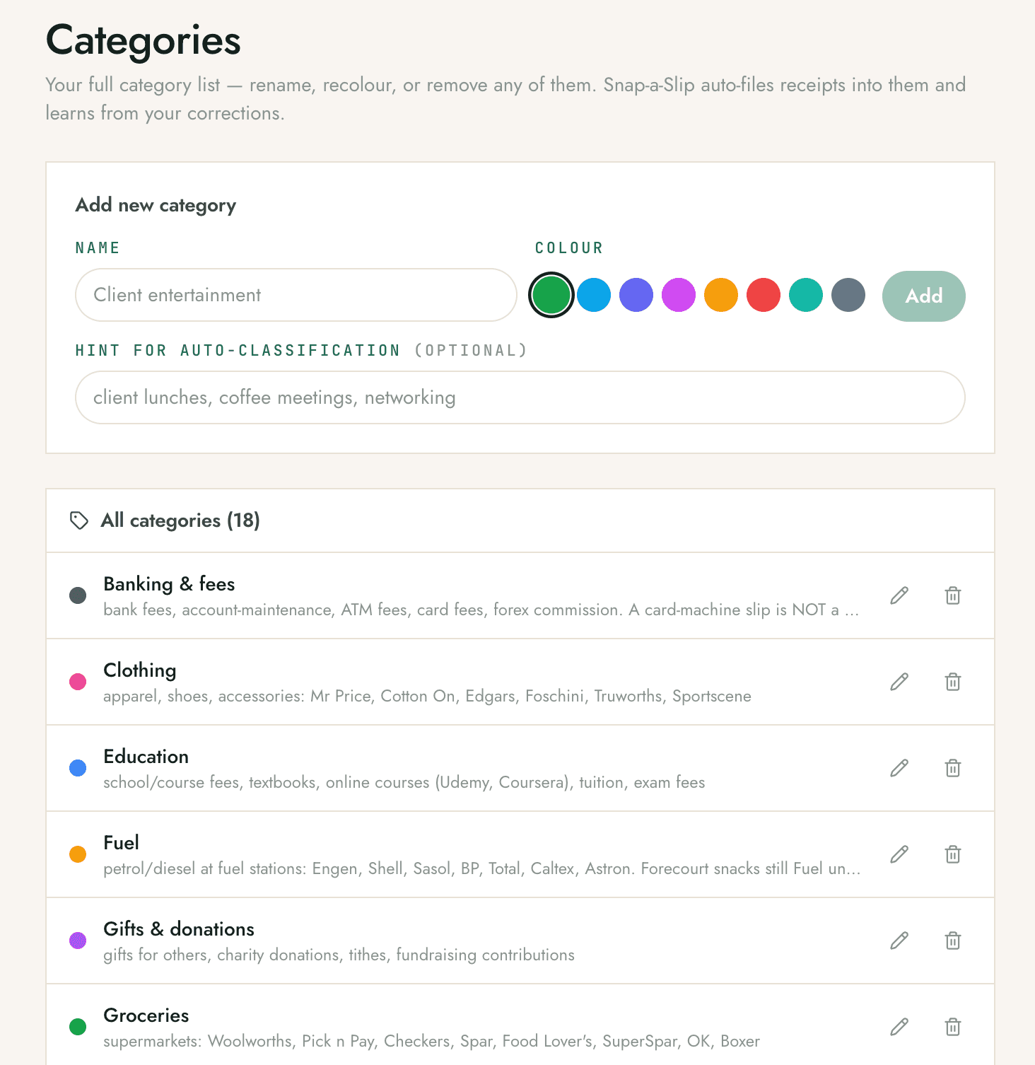 Snap-a-Slip categories screen listing 18 South African expense categories with colour tags and auto-classification hints.