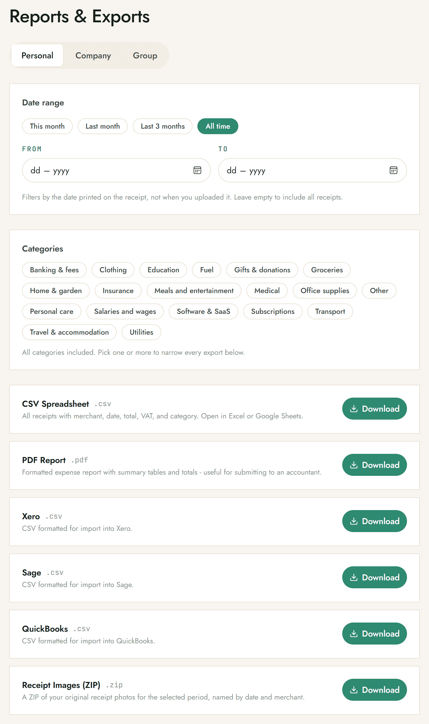 Snap-a-Slip Reports and Exports screen with a date and category filter and downloads for CSV, PDF report, Xero, Sage, QuickBooks and a ZIP of original receipt images.