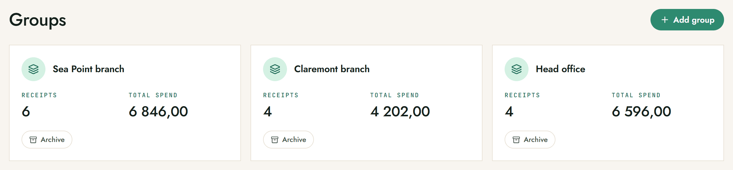 Snap-a-Slip Groups screen showing Sea Point branch, Claremont branch and Head office, each with a receipt count, total spend and an Archive button.