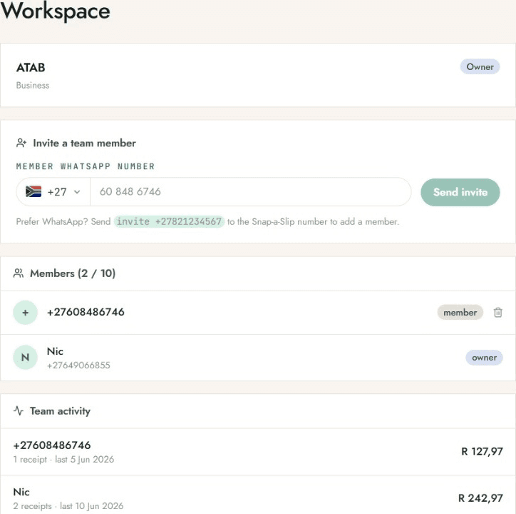 Snap-a-Slip workspace screen showing a business with two members invited by WhatsApp number and team activity totals.